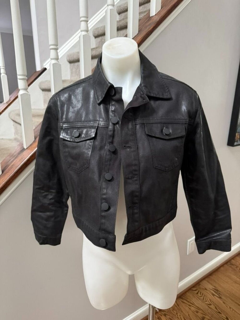 L'AGENCE Black Koda Coated Denim Crop Jacket Size Small